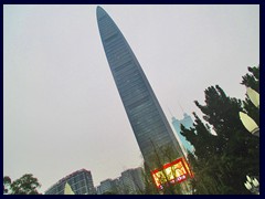 KK100, Shenzhen's tallest building until 2016 (when Pingan Int'l Center will be completed).
It was built in 2011 and also has an observation deck. It stands 442 m tall and has 100 floors. It was designed by Terry Farrell & Partners and contains, restaurants offices a luxury hotel (St Regis) and a shopping mall with the same name.The observation deck on the top has a special architecture with a high atrium and high glass ceiling.